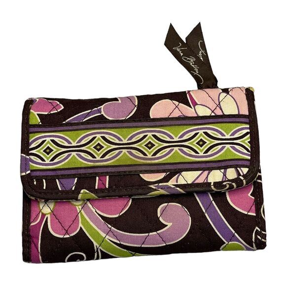 Vera Bradley EURO Brown Floral ID Window and Slip Pockets Snap Trifold Wallet - Picture 1 of 6